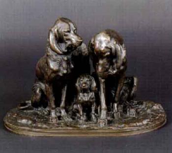 Dogs with puppy by 
																	A Jacquemart
