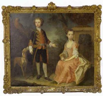 Portrait of Lord Carnarvon and Lady Caroline Leigh as children with dog by 
																	Bartholomew Dandridge