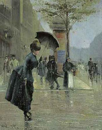 Parisian street in the rain with woman by 
																	Francis Garat