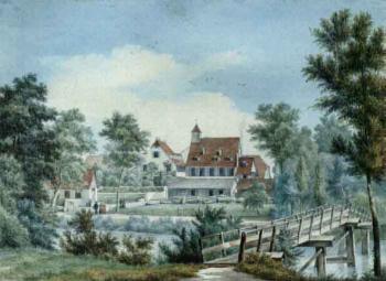 Landscape with houses and river in Baselland by 
																	Johann-Jakob Falkeisen