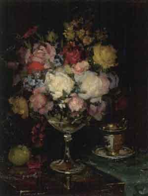 Still life with bouquet of flowers and porcelain cup by 
																	Erwin Kuiva