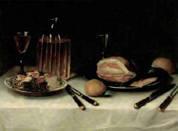 Still life with ham, glass of wine and bottle by 
																	Johann Michael Hambach