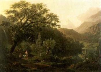 Idyllic landscape with peasant girl and boy talking by 
																	Johann Caspar Rahn