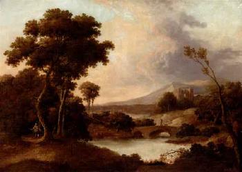 Mountain landscape with palace ruins and figures by 
																	C Waldegrave