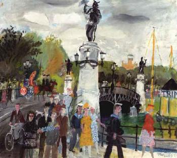 Spring day by the bridge in Djurgaarden with many figures by 
																	Olle Olsson-Hagalund