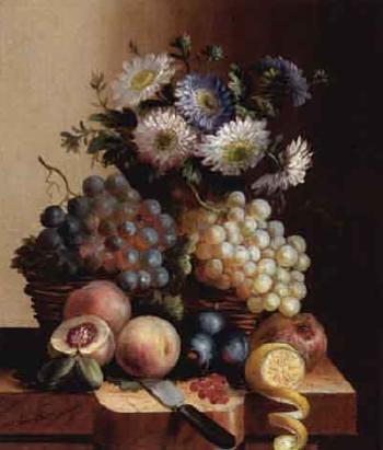 Still life of flowers and fruit by 
																	 Sureau