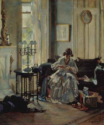 Lady sewing by 
																	Annie Rose Laing