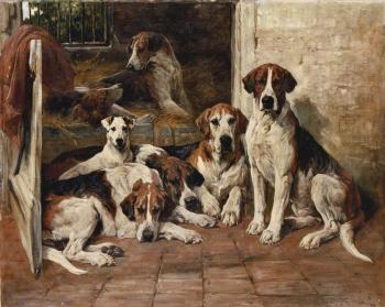 House of idleness - hounds and terrier in a kennel by 
																	John Emms