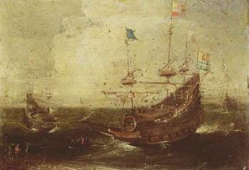 Heavily armed Dutch four master and other ships at open sea. Armed merchantman by 
																			Aert Anthonisz