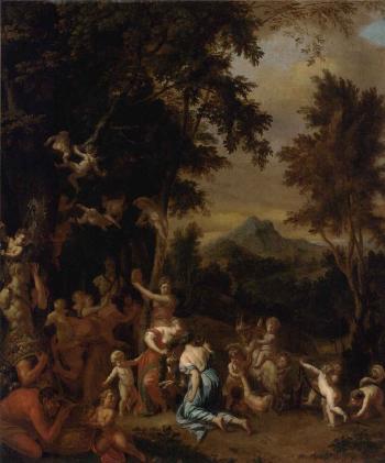 Bacchanal with nymphs, satyrs and putti before a herm by 
																	Jan van Neck