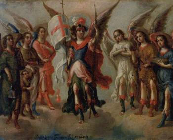 Saint Michael triumphing, surrounded by angels by 
																	Pedro Calderon Lopez