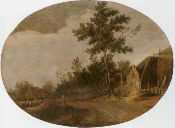 Wooded landscape with sportsman on a path and figures by a farm by 
																			Joost de Volder