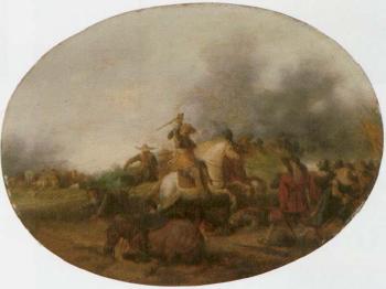 Wooded landscape with sportsman on a path and figures by a farm by 
																			Joost de Volder