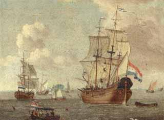 Dutch shipping in bay by 
																	Antoni de Yonge