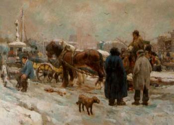 In de sneeuw - horse and carriage on a busy quay in winter by 
																	August Willem van Voorden