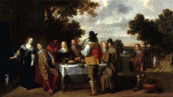 Elegant company eating and drinking on a terrace by 
																	Christoffel Jacobsz van der Lamen