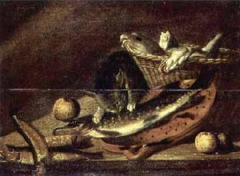 Cat eating a haddock on an earthenware by 
																	Johannes Kuveenis