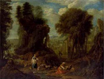 Extensive Italianate landscape with shepherds and shepherdresses tending to sheep and goats by 
																			Jan van Voordt