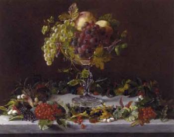 Grapes and peaches in a tazza with wild berries on a marble ledge by 
																	Augusta Laessoe