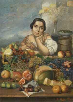 Woman with still life of fruit by 
																	Concepcion Ortiz Lopez