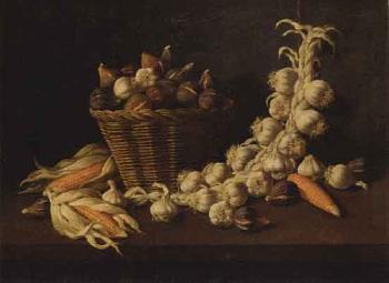 Still life with garlic and sweetcorn by 
																	Manuel Ventura Millan