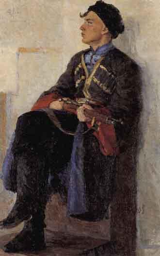 Seated young cossack by 
																	Michail A Taranow