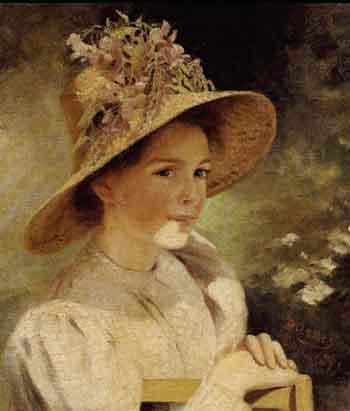 Young girl wearing summer dress and straw hat by 
																	Duenes d'Alheim