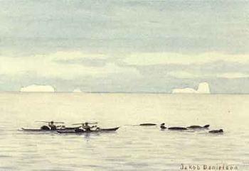 Men in kayaks hunting walrus, Disko Bay by 
																	Jakob Danielsen