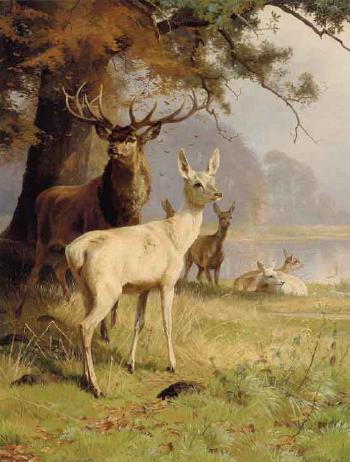 Stag and his flock by woodland lake by 
																	Adolf Mackeprang