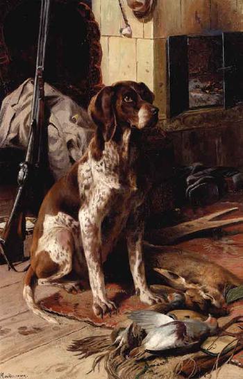 German short-haired pointer sitting proudly by his dead games by 
																	Adolf Mackeprang