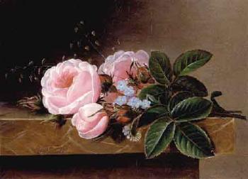 Pink roses and forget-me-nots on ledge by 
																	Lucie Ingemann