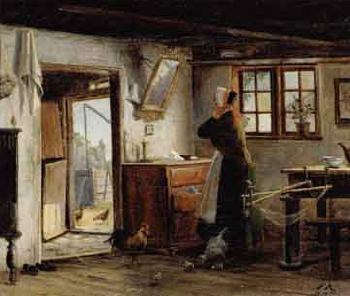 Cottage interior with girl making herself smart by 
																	Isidor Kalkar
