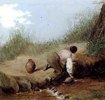 Small boy fetching water in river by 
																	E Erwin