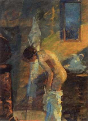 Interior scene with woman washing herself by 
																	Mogens Gad
