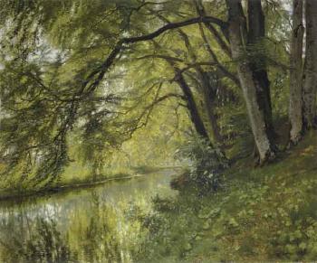 Landscape with lake in beech wood, spring by 
																	Christian Zacho