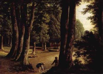 Wooded landscape with two small boys wading in lake by 
																	Lucie Ingemann