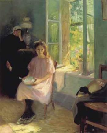 Interior scene with small girl seated by window by 
																	Henri Pierre Jamet