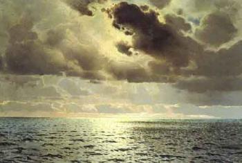 View across the sea with sun shining through dark thunder clouds by 
																	Wilhelm Muller-Brieghel