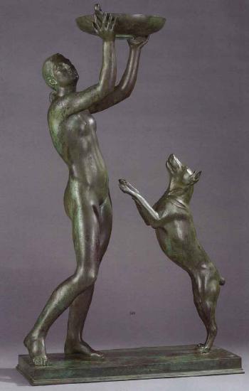 Standing nude female with dish above head, dog jumping by 
																	Harald Erik Einar Quistgaard