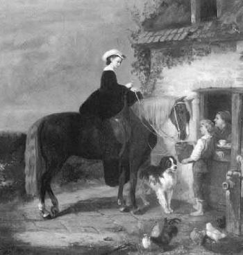 Lady on horseback taking a welcome break at a farmyard by 
																	A Velghe