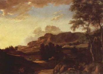An extensive mountainous landscape with travellers on a path by 
																	Alexander van Gaelen
