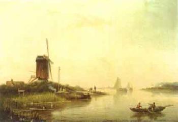River landscape with fishermen, and windmill nearby by 
																	Jacob Hendrik van Duinen