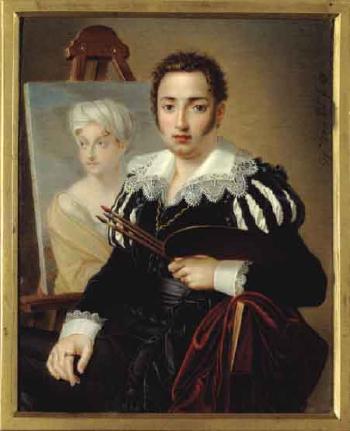 Young artist seated beside an easel holding a palette and brushes by 
																	Guglielmo Faija