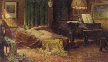 Reclining female nude in an interior by 
																	Bernard de Maere