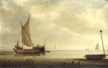 Smalschip and watership anchored in an estuary in a calm by 
																	Simon de Vlieger