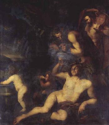 Bacchus drinking in the company of two satyrs and two putti by 
																	Dirck van Voorst