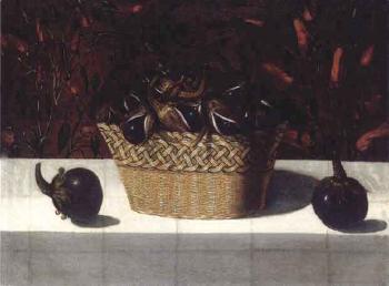 Basket of apricots with oranges on a ledge covered with pink cloth. Basket of aubergines by 
																			Blas de Ledesma