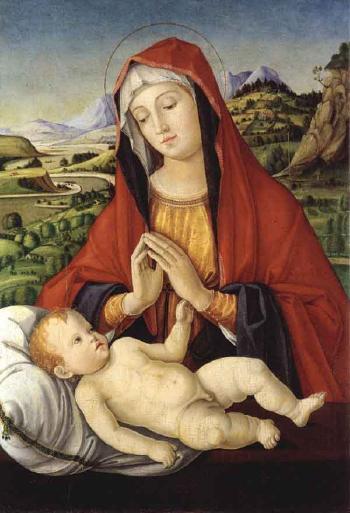 Madonna and Child, with Saint Jerome in the wilderness beyond by 
																	Jacopo da Valenza