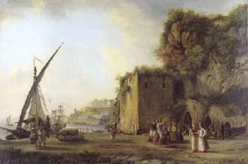 Via appia near Formia, with travellers and peasants by the walls of Castellone. Port of Maltese by 
																			Abraham Louis Rodolphe Ducros