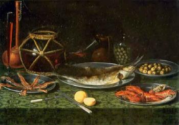 Metal plates with fish, olives and lemons by 
																	 Pseudo van Kessel